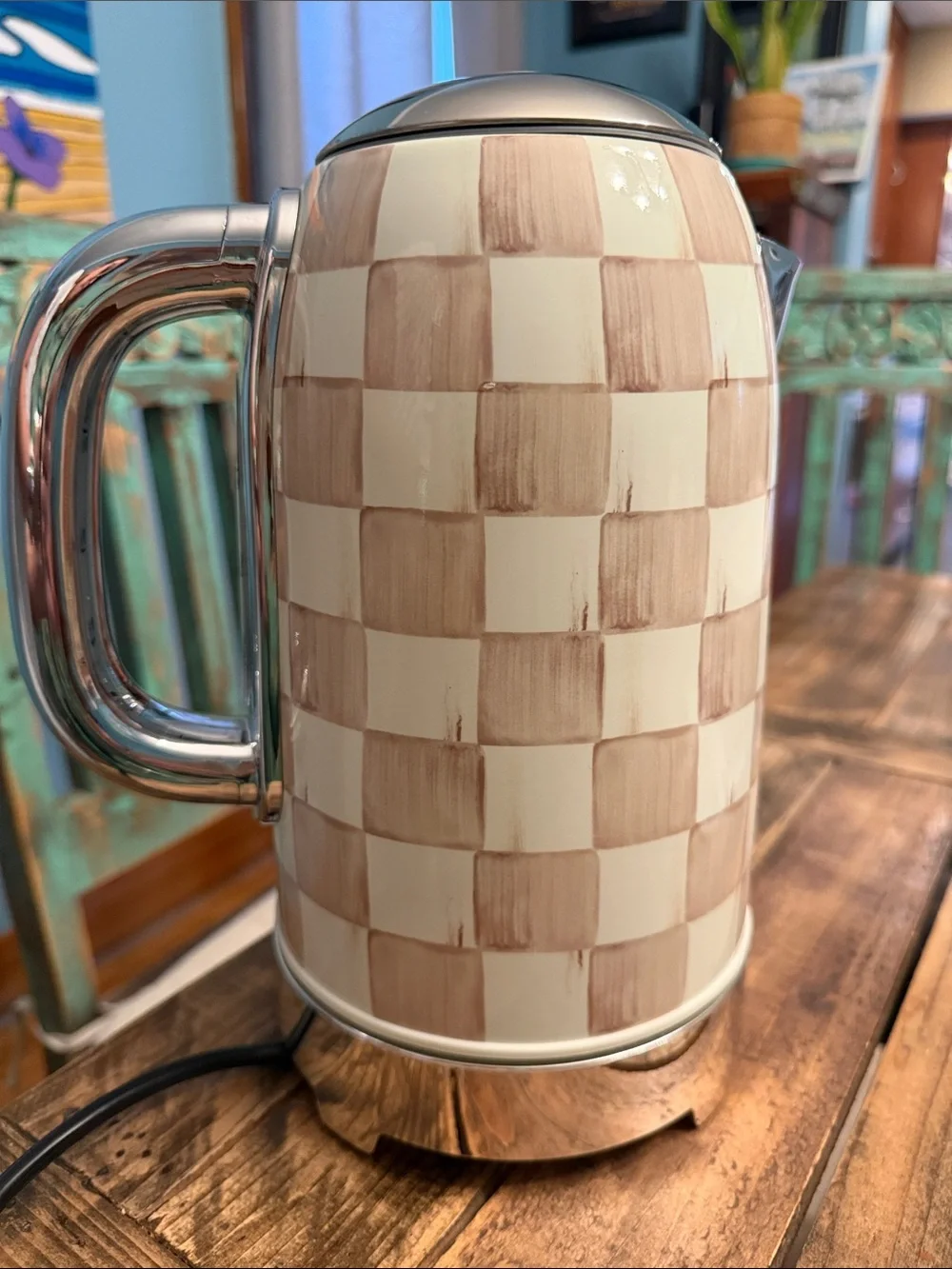 Mackenzie-Childs Mocha Check Electric Kettle with Chrome Accents